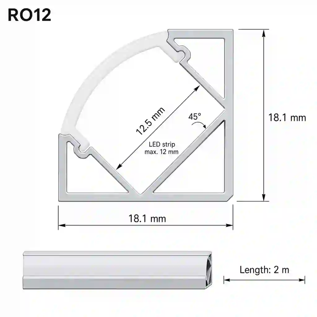 Pohled zepředu na rohový profil RO12 18,1x18,1mm stříbrný elox délka 2 metry bez difuzoru